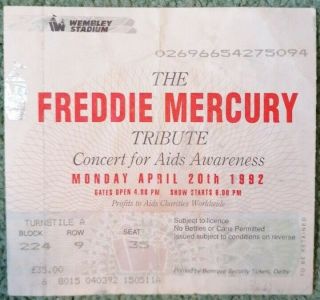 Freddie Mercury Tribute Concert Ticket Wembley 20/04/92 (a Day Of Music)