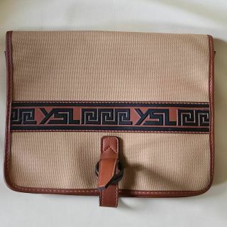 Vintage Ysl Yves Saint Laurent Leather Vintage Tribal Beige / Tan Canvas Clutch