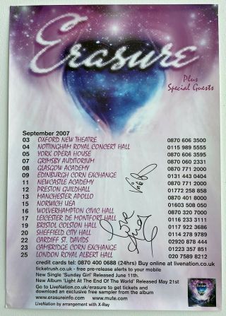 Erasure Signed Tour Poster (2007) 30 " X 20 " - Light At The End Of The World