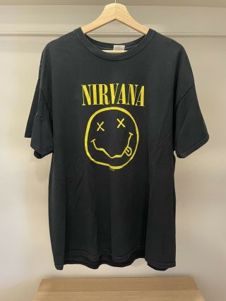 Vtg Nirvana 1992 Smiley Face Band Graphic T - Shirt Gray Large Kurt Cobain