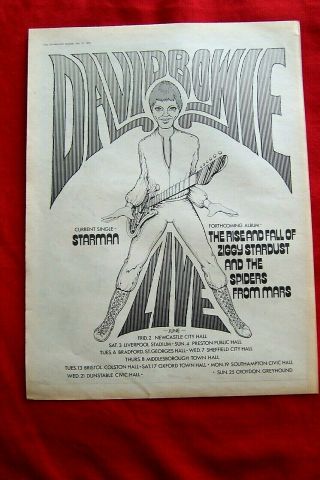 Rare David Bowie 1972 Vintage Poster Advert Ziggy Stardust Tour Starman