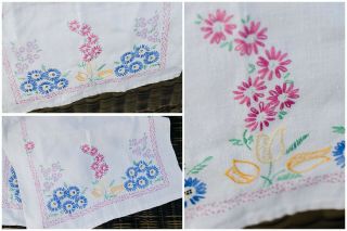 Vintage Table Dresser Scarf Runner,  Farmhouse Embroidered Linen,  Hand Stitched