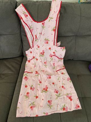 Vintage Full Bib Apron Two Pocket Button Top Gingham And Cherries.  Adorable