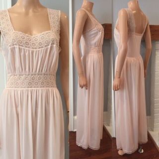 Sissy 1960s Silky Pink Nylon & Lace Lingerie Nightgown Dress Sz Xs