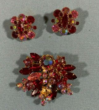 Vintage Signed Weiss Pink Red Ab Rhinestone Clip On Earrings,  Brooch