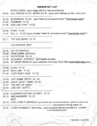 Eminem Concert Setlist,  Cues House Of Blues Atlantic City,  Nj 7/8/2005