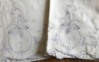 2 Vintage White Cotton Pillowcases Light Blue Hand Embroidered Butterflies