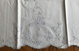 2 Vintage White Cotton Pillowcases Light Blue Hand Embroidered Butterflies 3