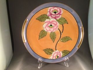 Vintage Blue Orange Lusterware Hand - Painted 9 " Serving Platter Plate Pink Floral