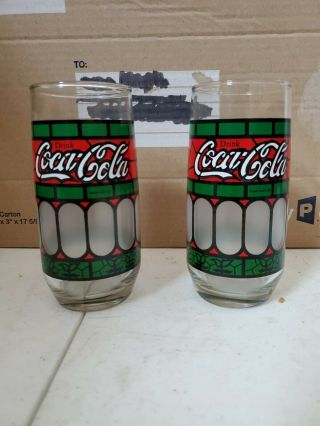 2 Vintage Coke Coca Cola Frosted,  Tiffany Style Stained Glass Drink Glasses