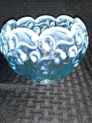 Vintage Fenton Blue Opalescent Lily Of The Valley Rose Bowl 1970s