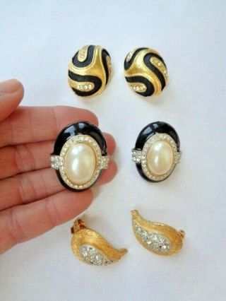 3 Pairs Vintage Big Gold Tone Black Enamel Rhinestone Faux Pearl Clip Earrings