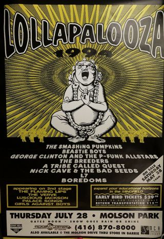 Vintage 1994 Lollapalooza Molson Park Promo Poster Smashing Pumpkins 28”x40”