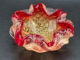 Vtg Murano Art Glass Bowl / Ash Tray - Red - Silver Gold - Ruffles Gorgeous