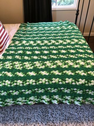Crocheted Afghan Throw Blanket,  Vintage Handmade,  Green And White