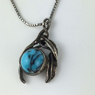 Vintage Native American Handmade Sterling Silver Turquoise Pendant Necklace
