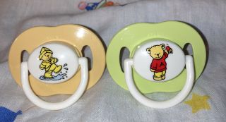 Vintage Avent Silicone Pacifiers - Orange/green Teddy Bears Nb Size