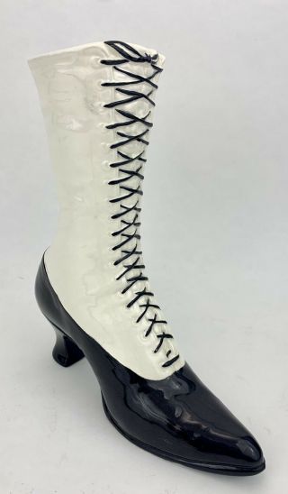 Vtg Ceramic/porcelain White/black Victorian Boot/shoe Decorative Vase Planter