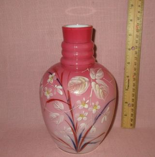 Antique Thomas Webb & Son Peachblow Enamel Painted Floral Cased Glass Vase 8.  75 "
