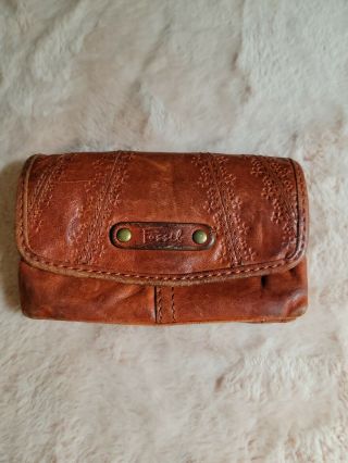 Fossil Vintage Burnt Orange Leather Pouch Wallet Coin Purse Flap Zipper Clutch