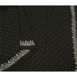 Sanskriti Vintage Black Sarees Blend Georgette Embroidered Craft Fabric Sari