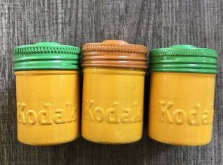 Vintage 3 Kodak Metal 35mm Empty Film Tin Canister Yellow W/ Green Lid