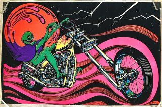 Vintage 1970s Bill Hoorman Demon Chopper Blacklight Psychedelic Headshop Poster