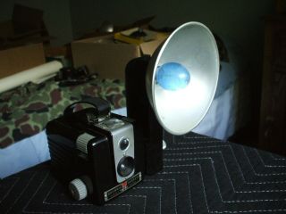Kodak Brownie Hawkeye Flash Camera With Leather Case,  Flash Attachment And Bulb