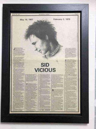 Sex Pistols - Sid Vicious Nme Obituary - Framed 1979 A3 Vintage Advert / Poster