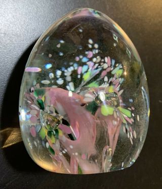 Vintage Art Glass Paperweight Signed By Artist Pink Lily And Starburst Fire