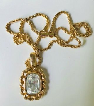 Vintage Signed Swan Swarovski Large Crystal Pendant Gold Tone Chain Necklace
