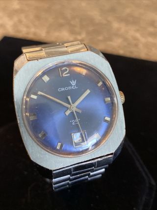 Vintage Mens Swiss Cronel 25 Blue Dial Wristwatch Running