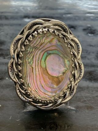 Vintage Signed Whiting & Davis Abalone Shell Ring Silver Tone Size 8