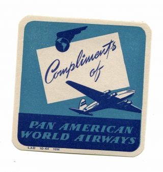 Vintage Airline Luggage Label Pan American Pan Am Compliments Of 1944 Blue