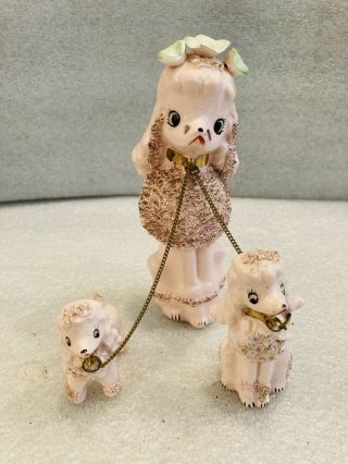 Vintage Poodles Mom And (2) Puppies With Spaghetti Trim Made In Japan Figurines