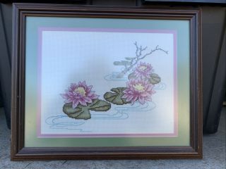 Vintage Framed Needlepoint Cross - Stitch Lily Pads On Water 16 X 12 Green & Pink