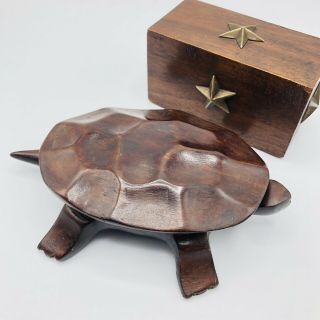 Vtg Carved Wooden Rose Wood Turtle Lidded Trinket Dish Box Boho Decor