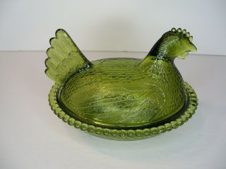Vintage Indiana Glass Green Glass Hen On Nest Candy Dish