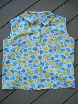 Couture Vtg 60s White Blue Yellow Floral Print Sleeveless Blouse - Bust 43/m