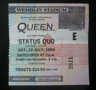 Queen Supported By Status Quo - Concert Ticket Stub Wembley 12 July 1986