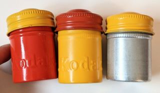 Vtg Kodak Film Canisters,  Painted Metal Orange Yellow Aluminum 1.  75 " Tall Set 3