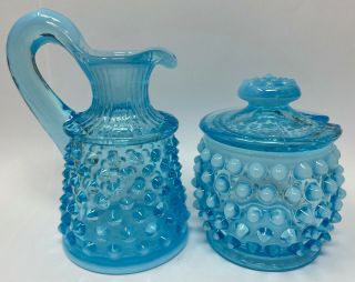 Vintage Fenton Blue Opalescent Glass Hobnail Condiment Jar,  Lid,  & Cruet