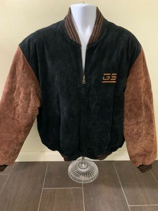 Vintage Varsity Leather Jacket Coat Black Brown Full Zip Elbow Patches Men Xl