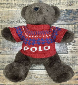 Polo Ralph Lauren Vtg 2000 Brown Teddy Bear Red Alpine Sweater Stuffed Plush