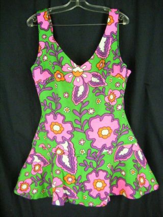 Vintage 60s Handmade Green Mod Floral Retro Swimsuit - Bust 34/2xs - Xs