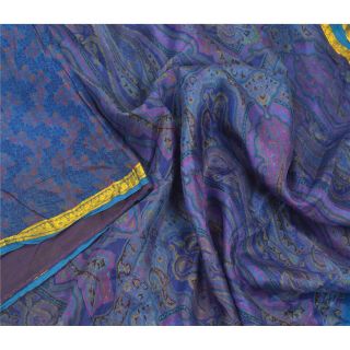 Sanskriti Vintage Blue Sarees Pure Silk Printed Sari Craft Golden Border Fabric