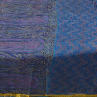 Sanskriti Vintage Blue Sarees Pure Silk Printed Sari Craft Golden Border Fabric 2