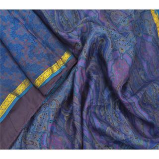 Sanskriti Vintage Blue Sarees Pure Silk Printed Sari Craft Golden Border Fabric 3