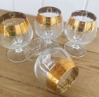 Vintage Brandy Cognac Snifter Glasses Set 4 Leaf Trim/gold Trim Mcm Retro As - Is