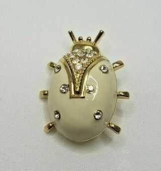 Vintage St John Signed Ivory Enamel Rhinestone Crystals Gold Lady Bug Brooch Pin